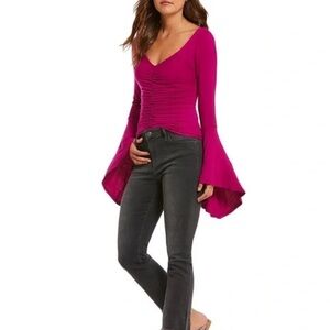 NWT Free People Lace Bell Sleeve Cropped Bohemian Fairy Top in Hot Pink L NEW